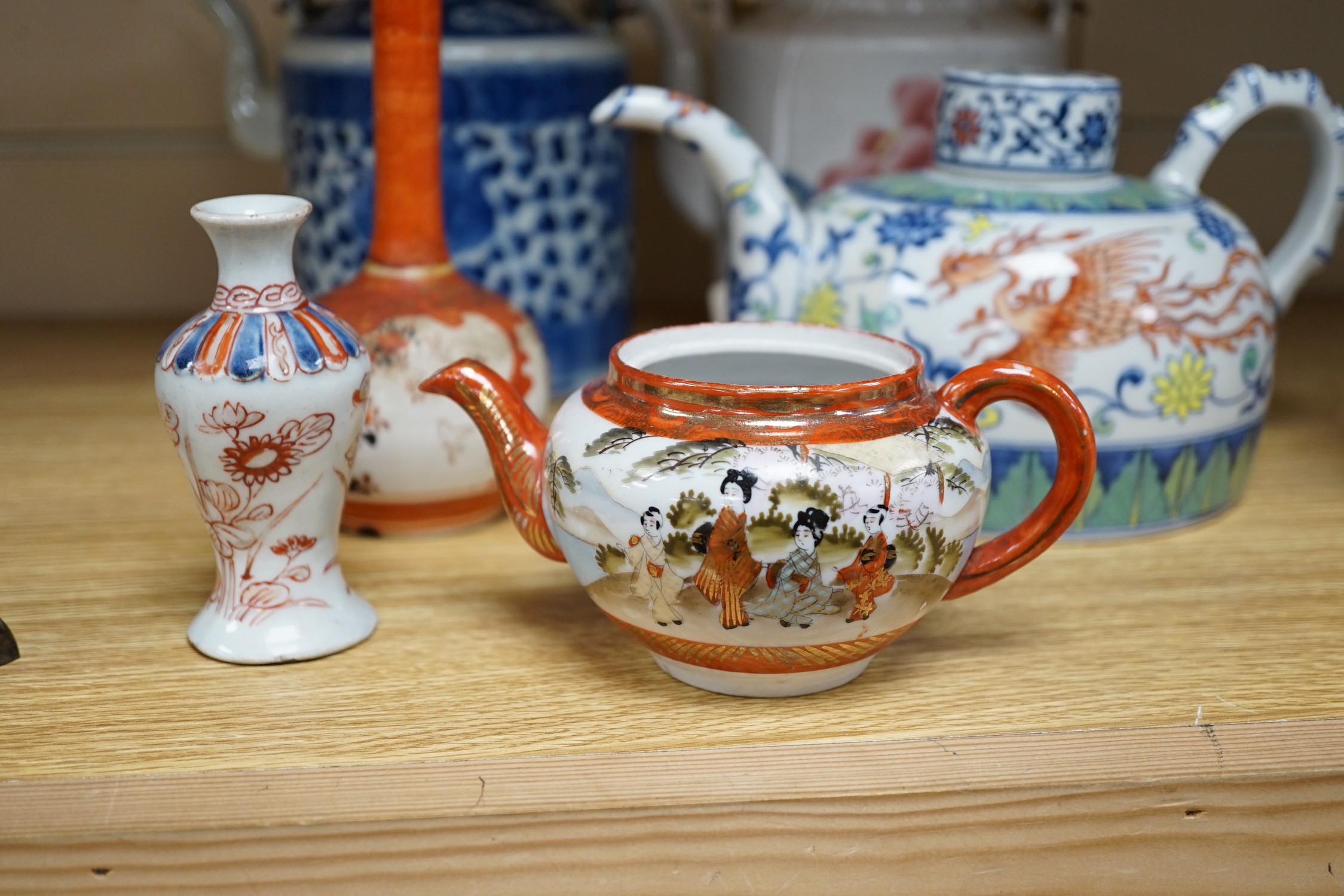 Two pieces of Japanese Kutani, a small Imari vase and three Chinese tea pots